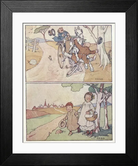 Framed Print : Nursery Rhymes -- accident, children in rain Framed Print : Nursery Rhymes -- accident, children in rain