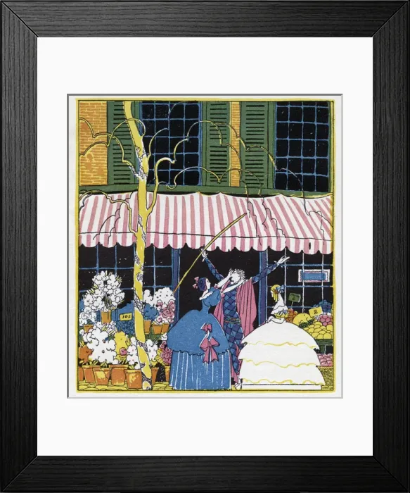 Framed Print : Harlequin and Columbine outside a shop Framed Print : Harlequin and Columbine outside a shop