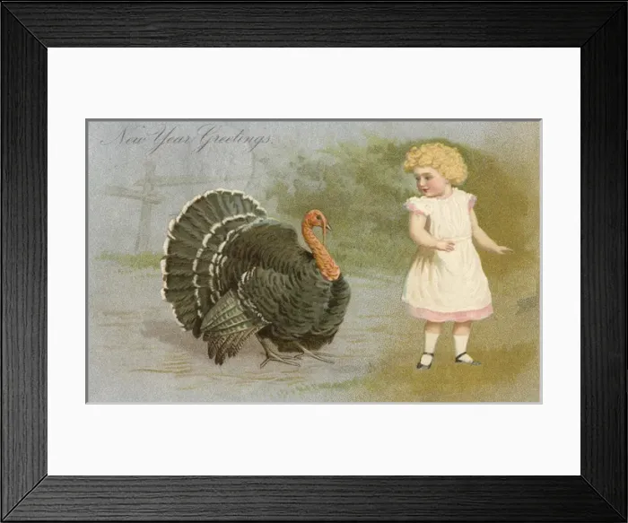 Framed Print : New Years Greetings postcard, with turkey and child Framed Print : New Years Greetings postcard, with turkey and child