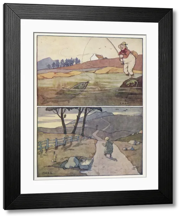 Framed Print : Nursery Rhymes -- man fishing, boy on road Framed Print : Nursery Rhymes -- man fishing, boy on road