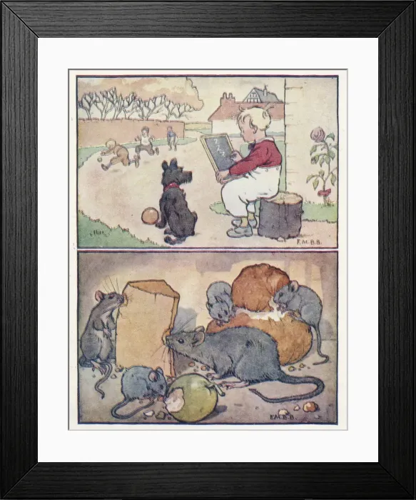 Framed Print : Nursery Rhymes -- boy with slate, mice with cheese Framed Print : Nursery Rhymes -- boy with slate, mice with cheese