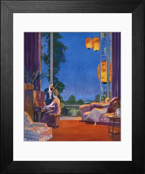 Framed Print : Harmony'. A relaxing scene, a woman reclines on a couch whilst another plays the piano Framed Print : Harmony'. A relaxing scene, a woman reclines on a couch whilst another plays the piano