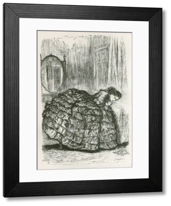 Framed Print : Girl sleeping on bed in crinoline dress by Millais Framed Print : Girl sleeping on bed in crinoline dress by Millais