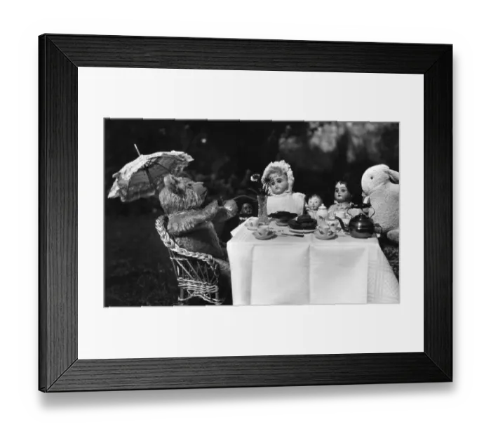 Framed Print : Dolls, teddy and rabbit enjoying a tea party Framed Print : Dolls, teddy and rabbit enjoying a tea party