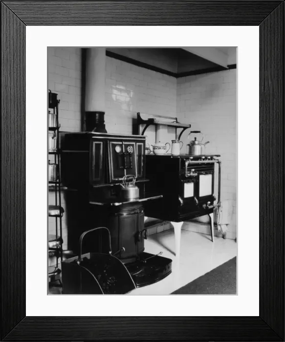 Framed Print : Corner of a large tiled kitchen