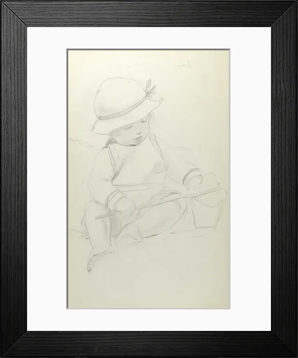 Framed Print : Pencil sketch of toddler with bucket Framed Print : Pencil sketch of toddler with bucket