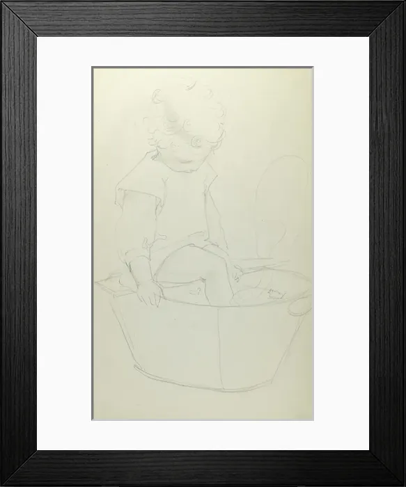 Framed Print : Pencil sketch of toddler in bathtub Framed Print : Pencil sketch of toddler in bathtub