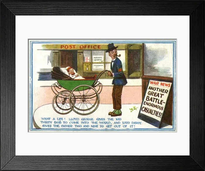 Framed Print : Cartoon, British father wheeling pram, WW1 Framed Print : Cartoon, British father wheeling pram, WW1