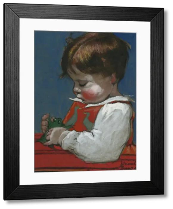 Framed Print : Toddler with frog by Muriel Dawson Framed Print : Toddler with frog by Muriel Dawson