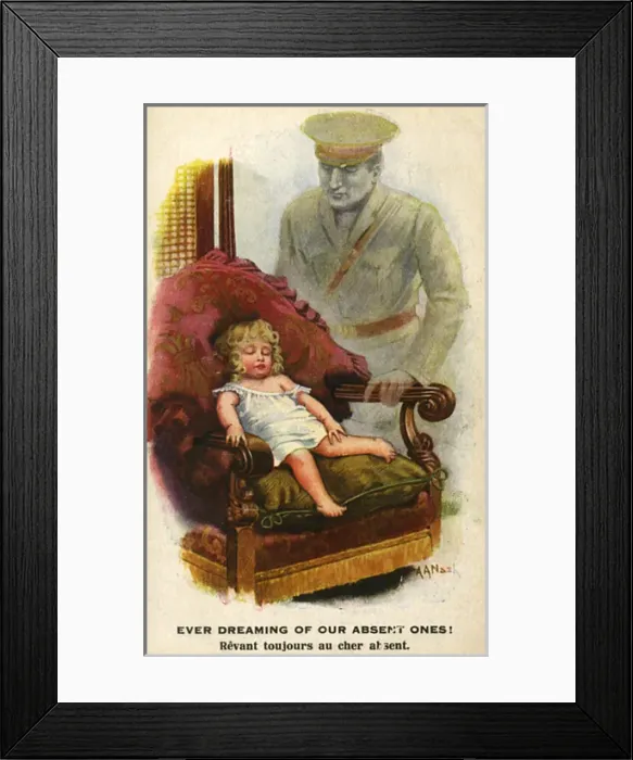 Framed Print : Little girl asleep, dreaming of her soldier father, WW1 Framed Print : Little girl asleep, dreaming of her soldier father, WW1