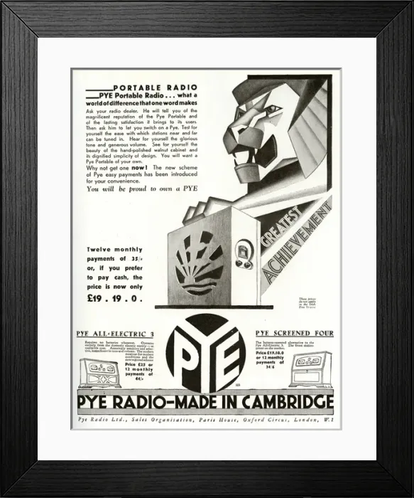 Framed Print : Advert for Pye Portable Radio 1930