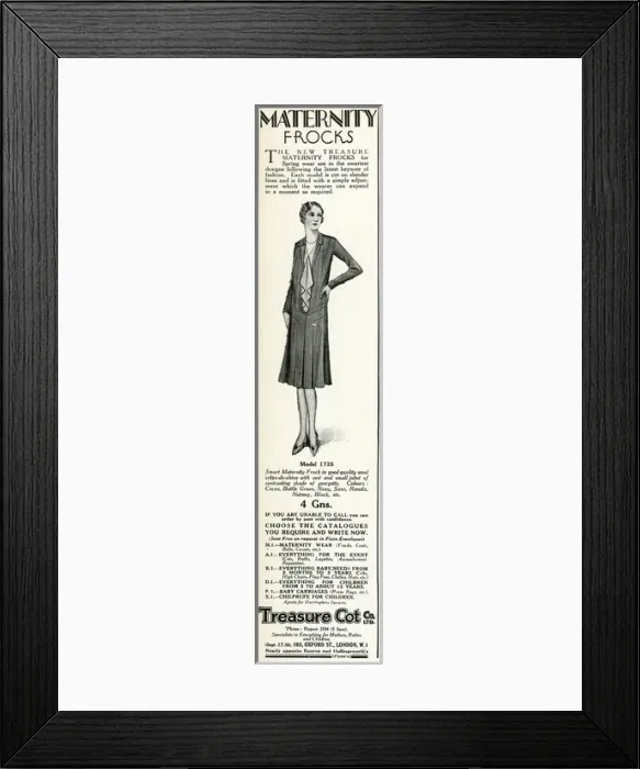 Framed Print : Advert for Treasure cot: Maternity wear 1930 Framed Print : Advert for Treasure cot: Maternity wear 1930