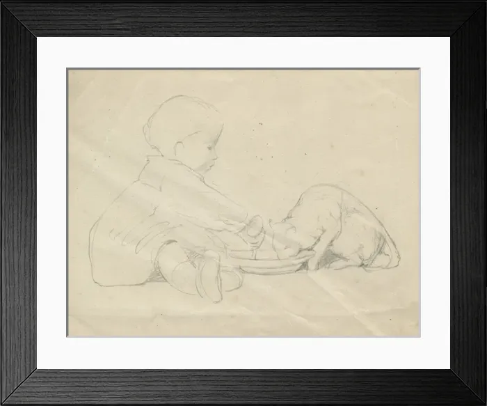 Framed Print : Pencil sketch of toddler with cat Framed Print : Pencil sketch of toddler with cat