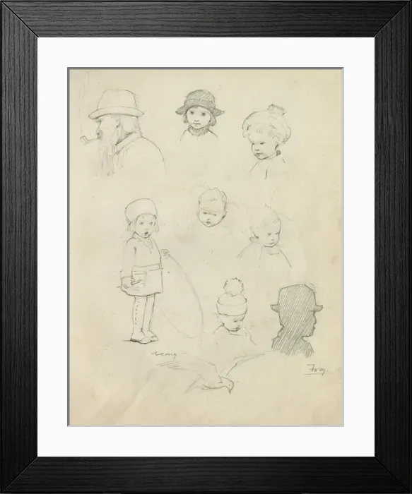 Framed Print : Pencil sketches of men and children Framed Print : Pencil sketches of men and children