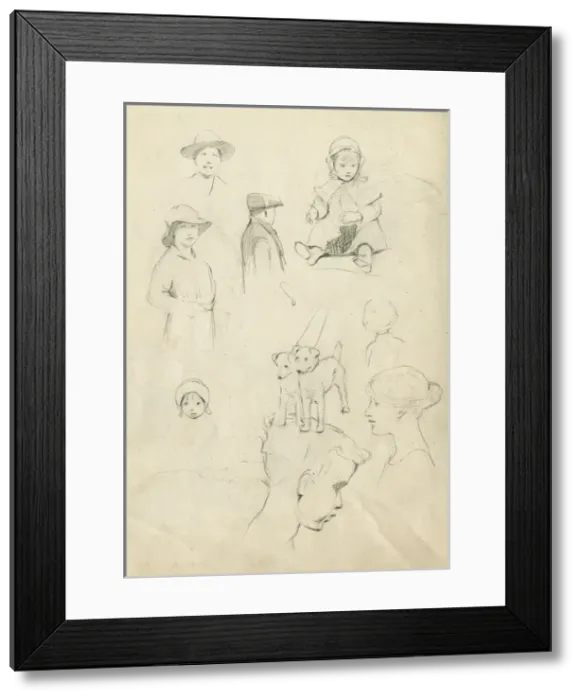 Framed Print : Pencil sketches of adults, children and dogs Framed Print : Pencil sketches of adults, children and dogs