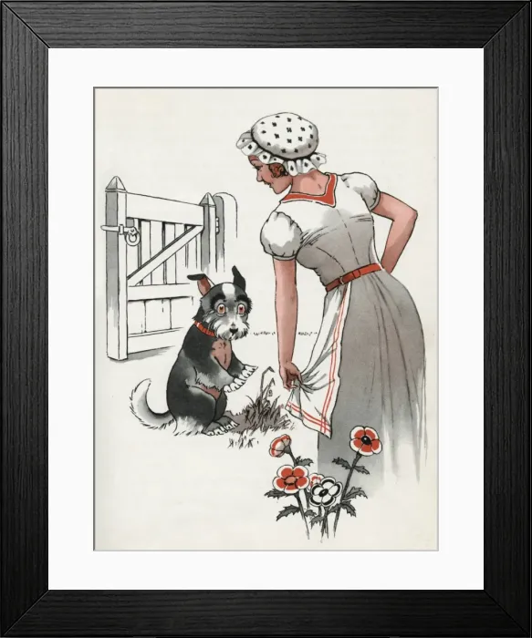 Framed Print : Jeek the puppy strays into a cottage garden