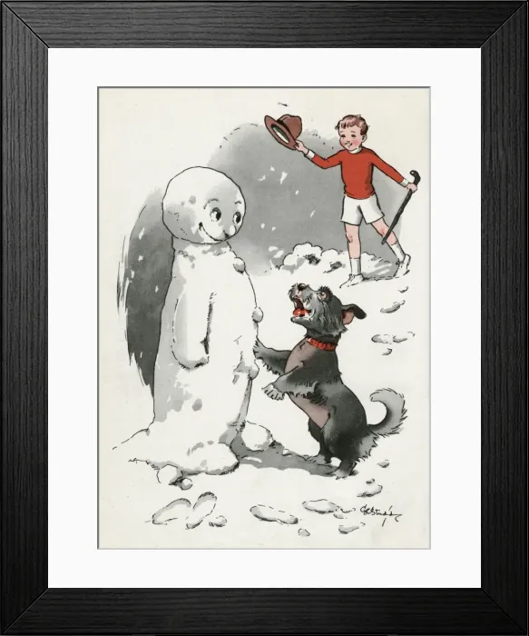 Framed Print : Jeek the puppy with Jacky and a snowman Framed Print : Jeek the puppy with Jacky and a snowman