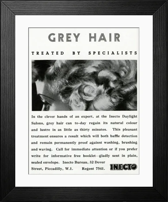 Framed Print : Advert for Inecto Salons: unwanted grey hair 1936 Framed Print : Advert for Inecto Salons: unwanted grey hair 1936
