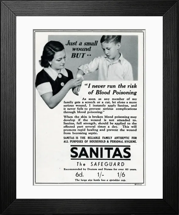 Framed Print : Advert for Sanitas - family antiseptic for wounds 1937 Framed Print : Advert for Sanitas - family antiseptic for wounds 1937