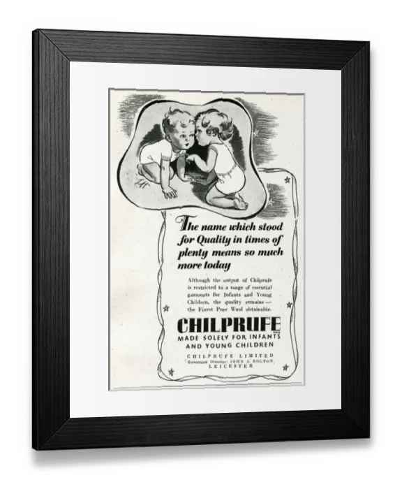 Framed Print : Advert for Chilprufe wool underwear for children 1943 Framed Print : Advert for Chilprufe wool underwear for children 1943