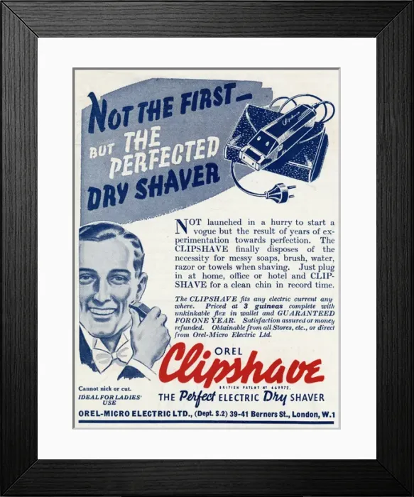 Framed Print : Advert for Clipshaver eletric dry shaver 1937 Framed Print : Advert for Clipshaver eletric dry shaver 1937