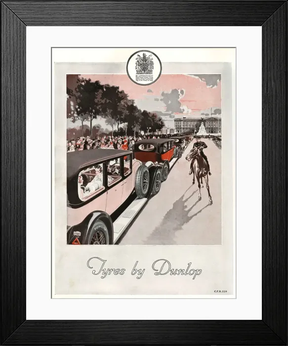 Framed Print : Dunlop advert featuring cars queueing up the Mall for the Co Framed Print : Dunlop advert featuring cars queueing up the Mall for the Co