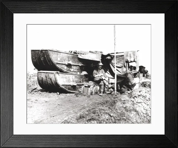 Framed Print : British soldiers sheltering under pontoons, WW1 Framed Print : British soldiers sheltering under pontoons, WW1
