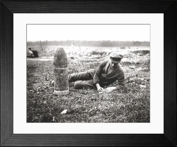 Framed Print : British soldier writing home next to bombshell, WW1 Framed Print : British soldier writing home next to bombshell, WW1