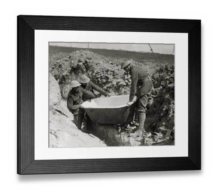 Framed Print : British soldiers find bath in abandoned German dugout, WW1 Framed Print : British soldiers find bath in abandoned German dugout, WW1