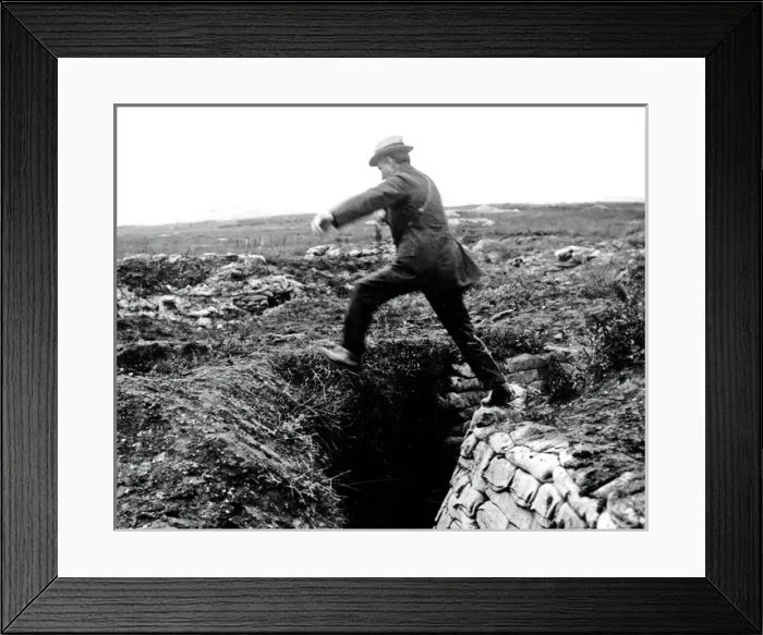 Framed Print : Lord Reading jumps over trench, Western Front, WW1
