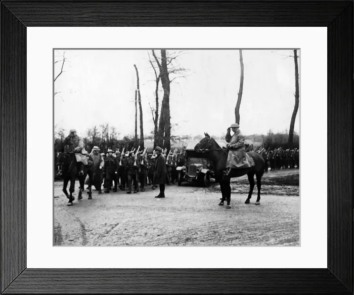 Framed Print : Officer on horseback saluting troops, Western Front, WW1 Framed Print : Officer on horseback saluting troops, Western Front, WW1