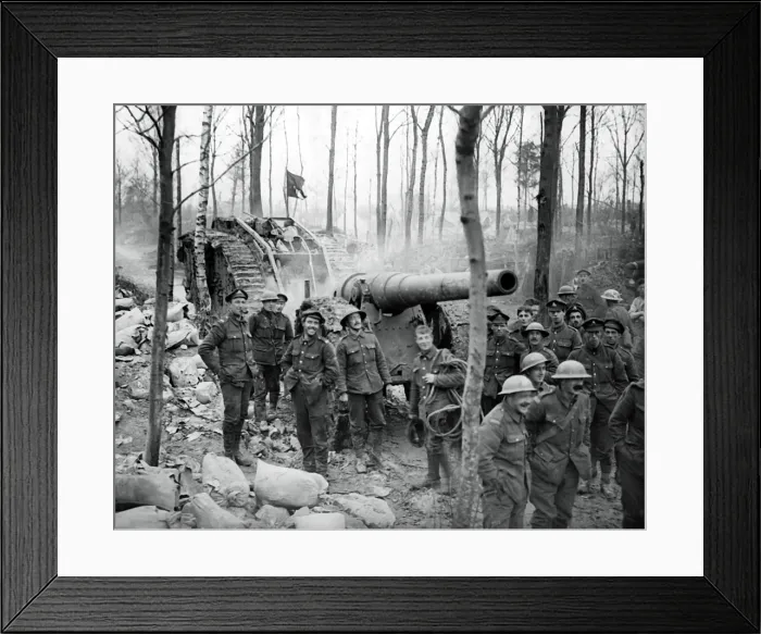 Framed Print : British soldiers with captured German gun, WW1 Framed Print : British soldiers with captured German gun, WW1