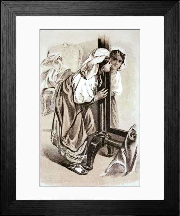 Framed Print : A washer woman or maid, looking at her reflection in a mirro Framed Print : A washer woman or maid, looking at her reflection in a mirro