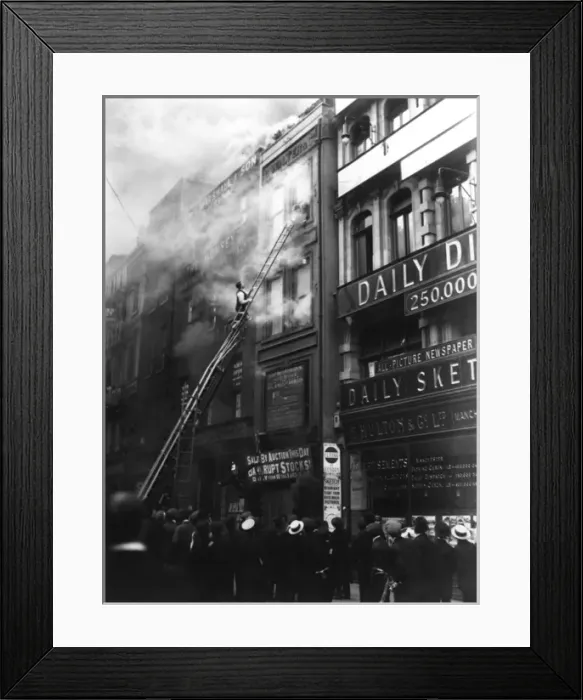 Framed Print : The Fire Brigade responds to a building fire, Manchester Framed Print : The Fire Brigade responds to a building fire, Manchester