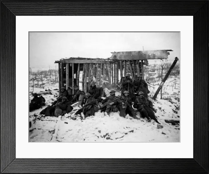 Framed Print : British troops resting in snow, Western Front, WW1 Framed Print : British troops resting in snow, Western Front, WW1