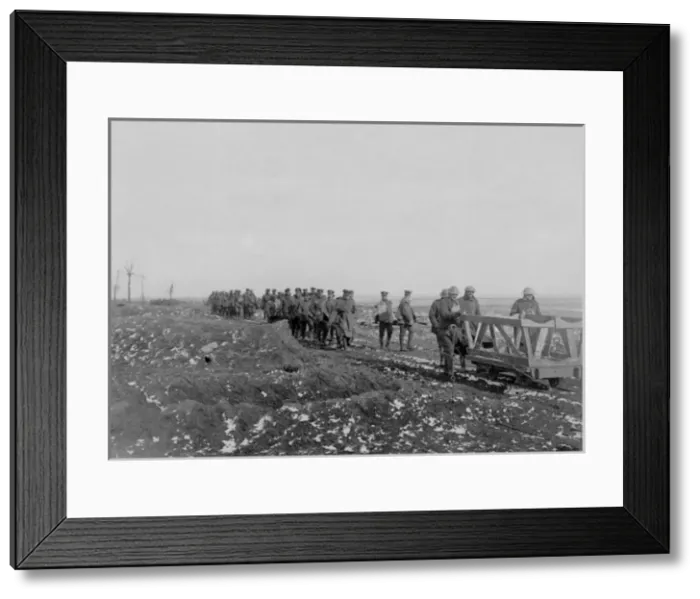 Framed Print : British troops on light railway, Western Front, WW1 Framed Print : British troops on light railway, Western Front, WW1