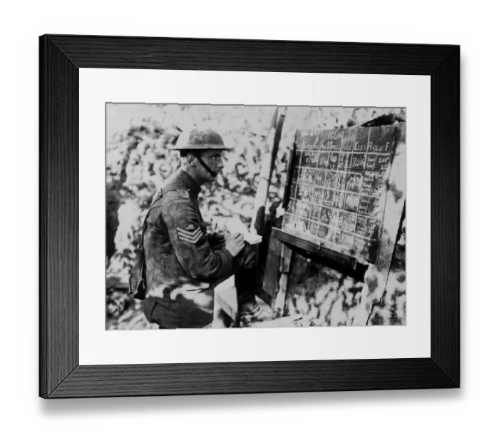 Framed Print : British gunner with instruction board, Western Front, WW1 Framed Print : British gunner with instruction board, Western Front, WW1