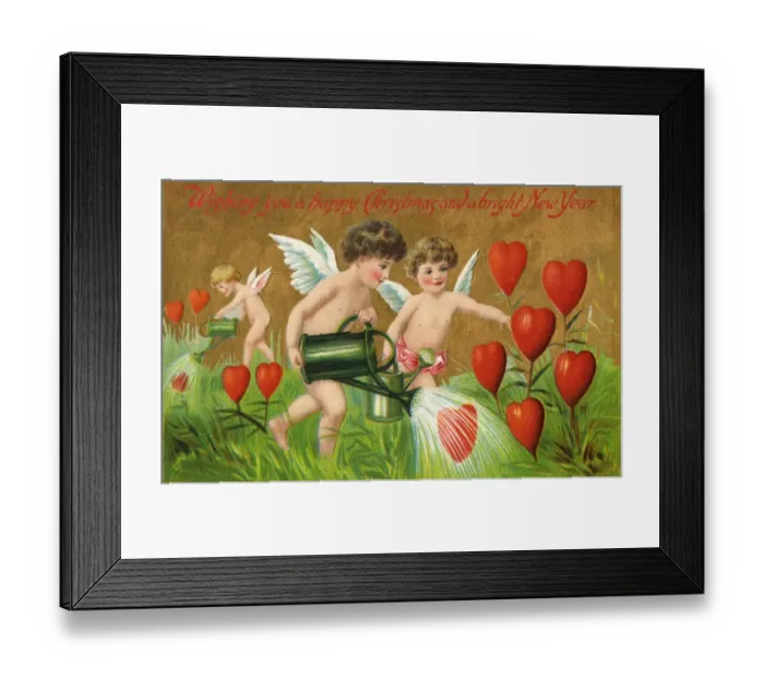 Framed Print : Greetings card with cherubs watering heart flowers Framed Print : Greetings card with cherubs watering heart flowers