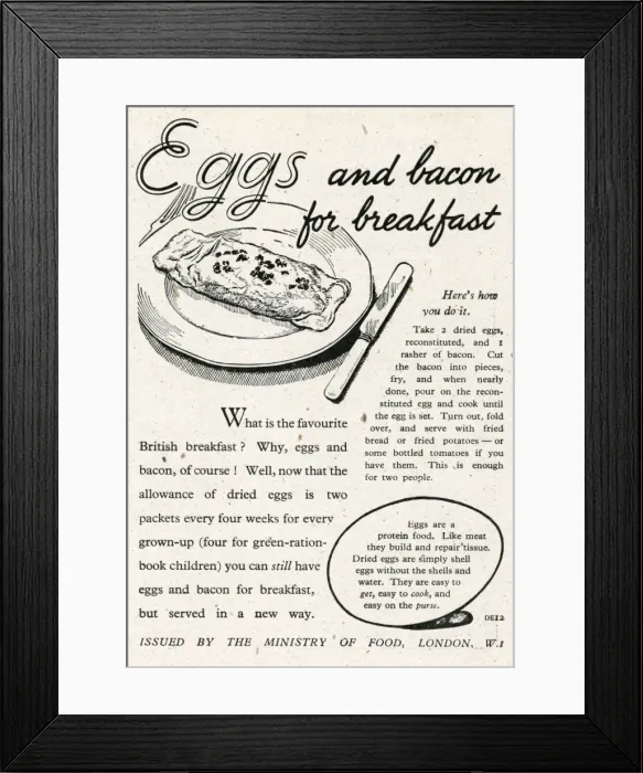 Framed Print : Dried eggs and bacon for breakfast 1945 Framed Print : Dried eggs and bacon for breakfast 1945