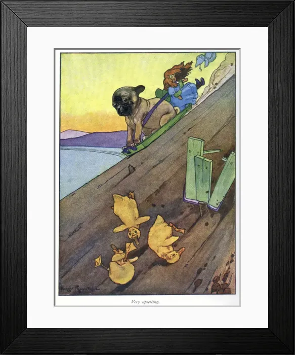 Framed Print : Pug Peter -- dog and ducklings on steep slope Framed Print : Pug Peter -- dog and ducklings on steep slope