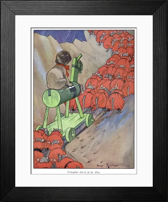 Framed Print : Pug Peter -- dog on wooden horse drawn by mice Framed Print : Pug Peter -- dog on wooden horse drawn by mice