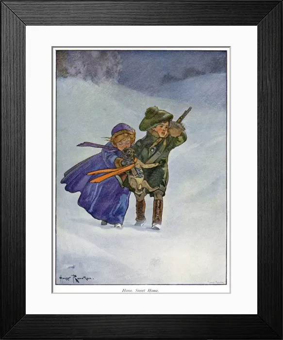 Framed Print : Pug Peter -- girl and boy with dog in snow Framed Print : Pug Peter -- girl and boy with dog in snow