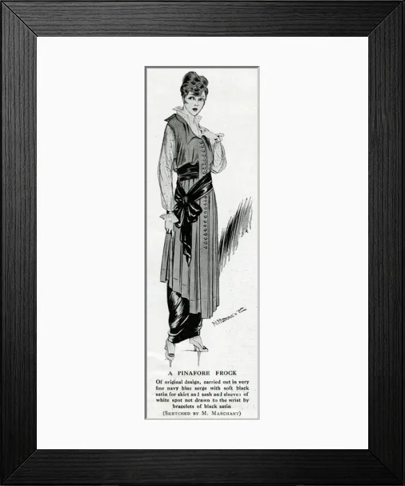 Framed Print : Woman in elegant pinafore frock with sash Framed Print : Woman in elegant pinafore frock with sash