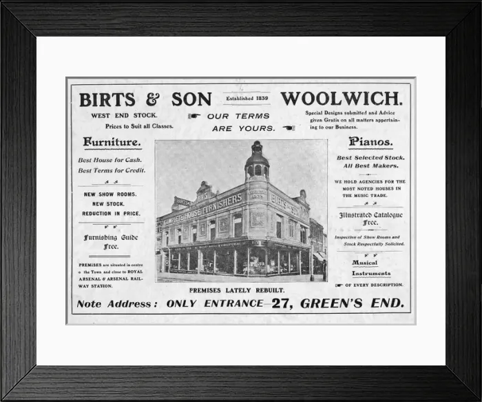 Framed Print : Advertisement for Birts & Son, Woolwich, SE London Framed Print : Advertisement for Birts & Son, Woolwich, SE London