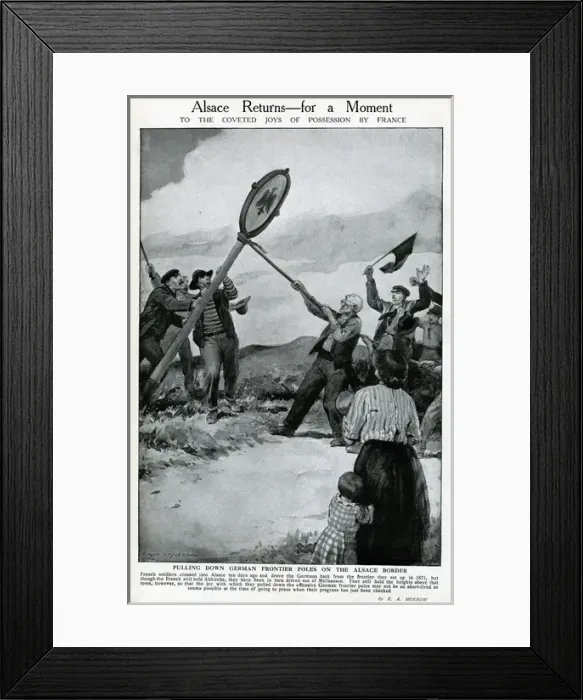 Framed Print : Pulling down German frontier pole at Alsace, WW1 Framed Print : Pulling down German frontier pole at Alsace, WW1
