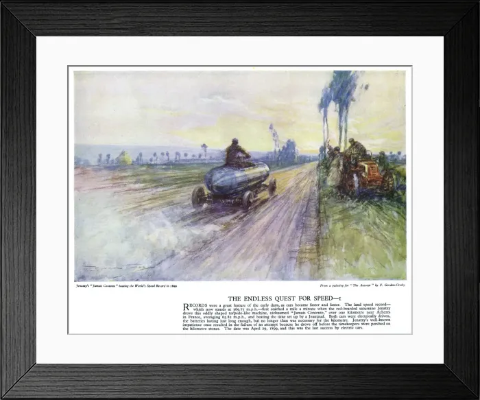 Framed Print : Autocar Poster -- Jenatzy beating speed record Framed Print : Autocar Poster -- Jenatzy beating speed record