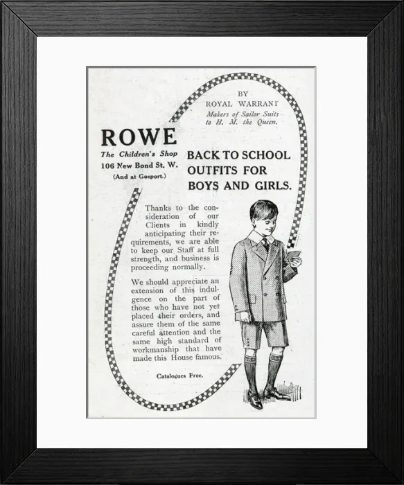 Framed Print : Advertisements for Rowe and D H Evans school outfits Framed Print : Advertisements for Rowe and D H Evans school outfits