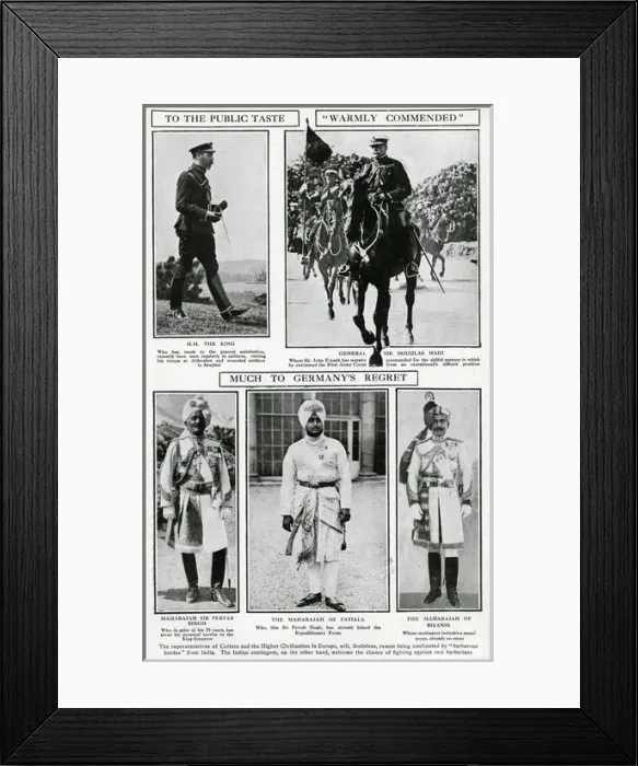 Framed Print : George V, General Haig and three Indian allies, WW1 Framed Print : George V, General Haig and three Indian allies, WW1