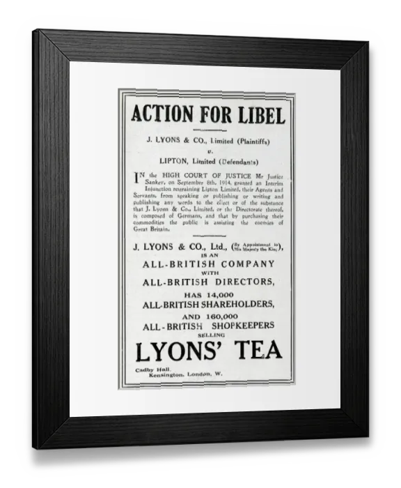 Framed Print : Action for Libel, Lyons v Lipton, WW1 Framed Print : Action for Libel, Lyons v Lipton, WW1