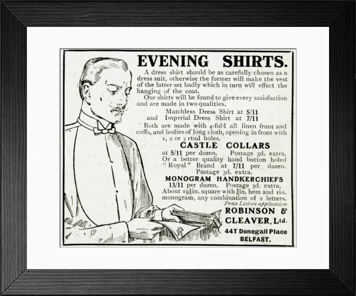Framed Print : Advert for Robinson & Cleaver Ltd evening shirts 1914 Framed Print : Advert for Robinson & Cleaver Ltd evening shirts 1914